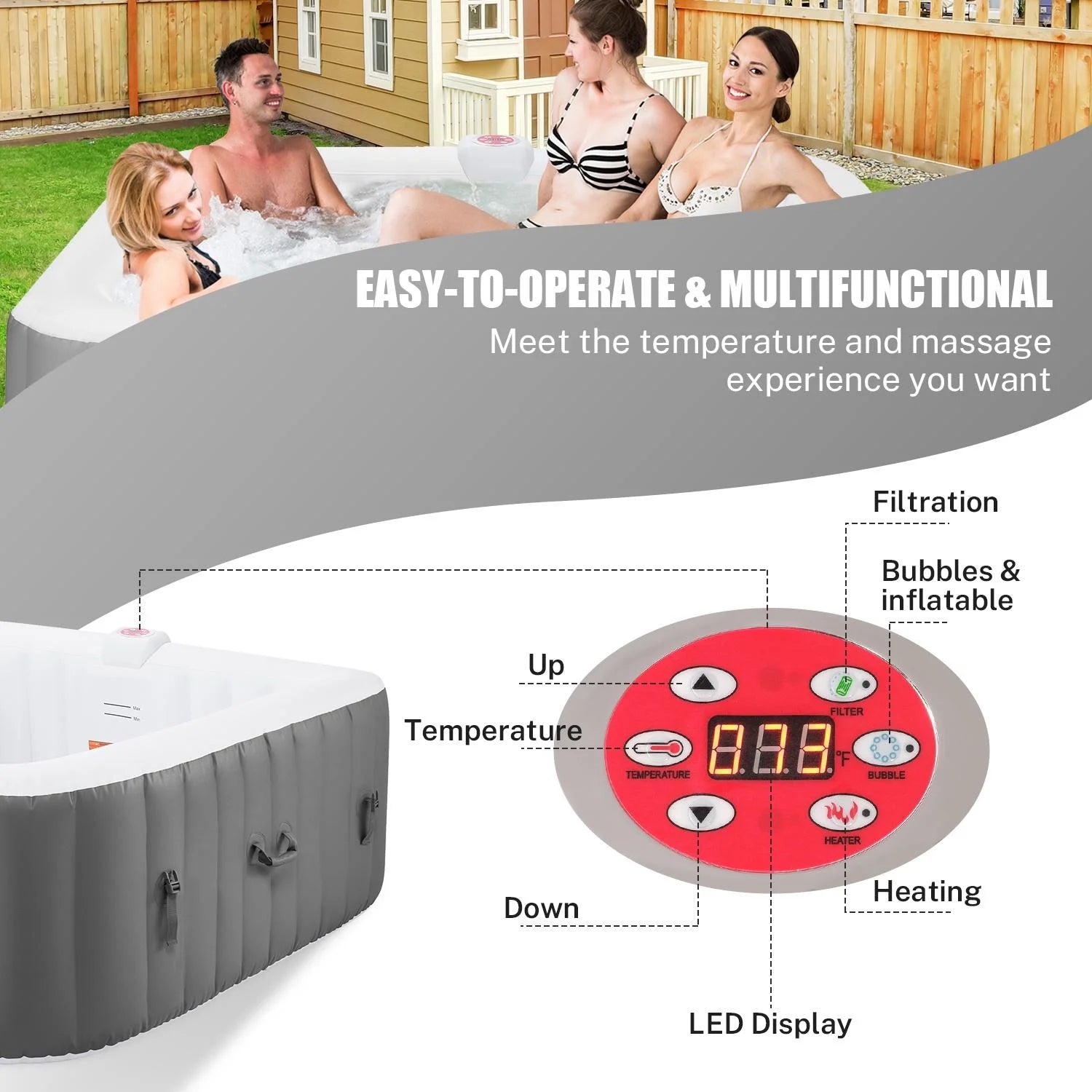 73In Square Hot Tub for 4-6 Person,  Inflatable Hot Tub Home SPA for Outdoor, 910L Capacity, 130Pcs Massage Jets, W/4 Filters, Lockable Cover, Storage Bag, 2 Cup Holder, Gray