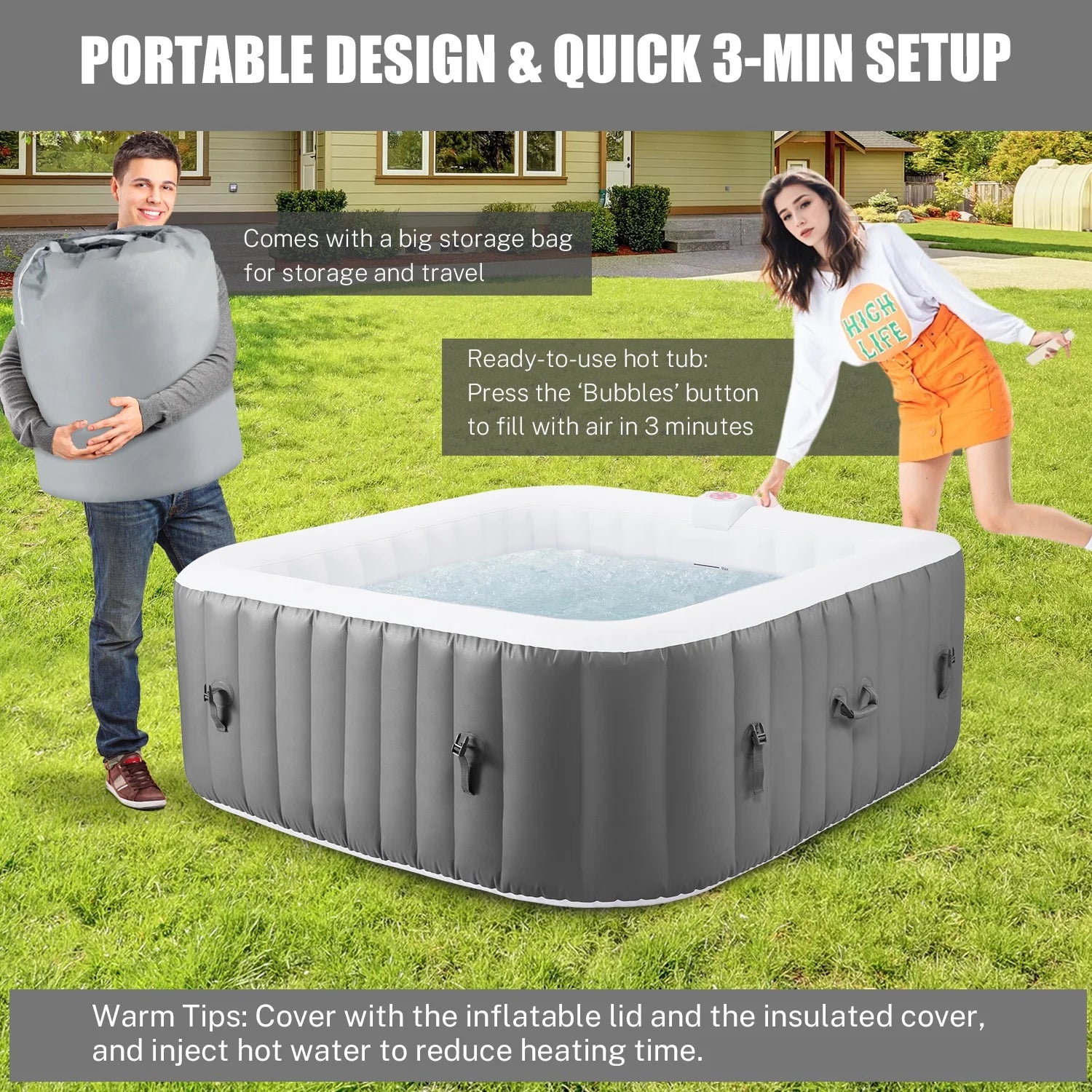 73In Square Hot Tub for 4-6 Person,  Inflatable Hot Tub Home SPA for Outdoor, 910L Capacity, 130Pcs Massage Jets, W/4 Filters, Lockable Cover, Storage Bag, 2 Cup Holder, Gray