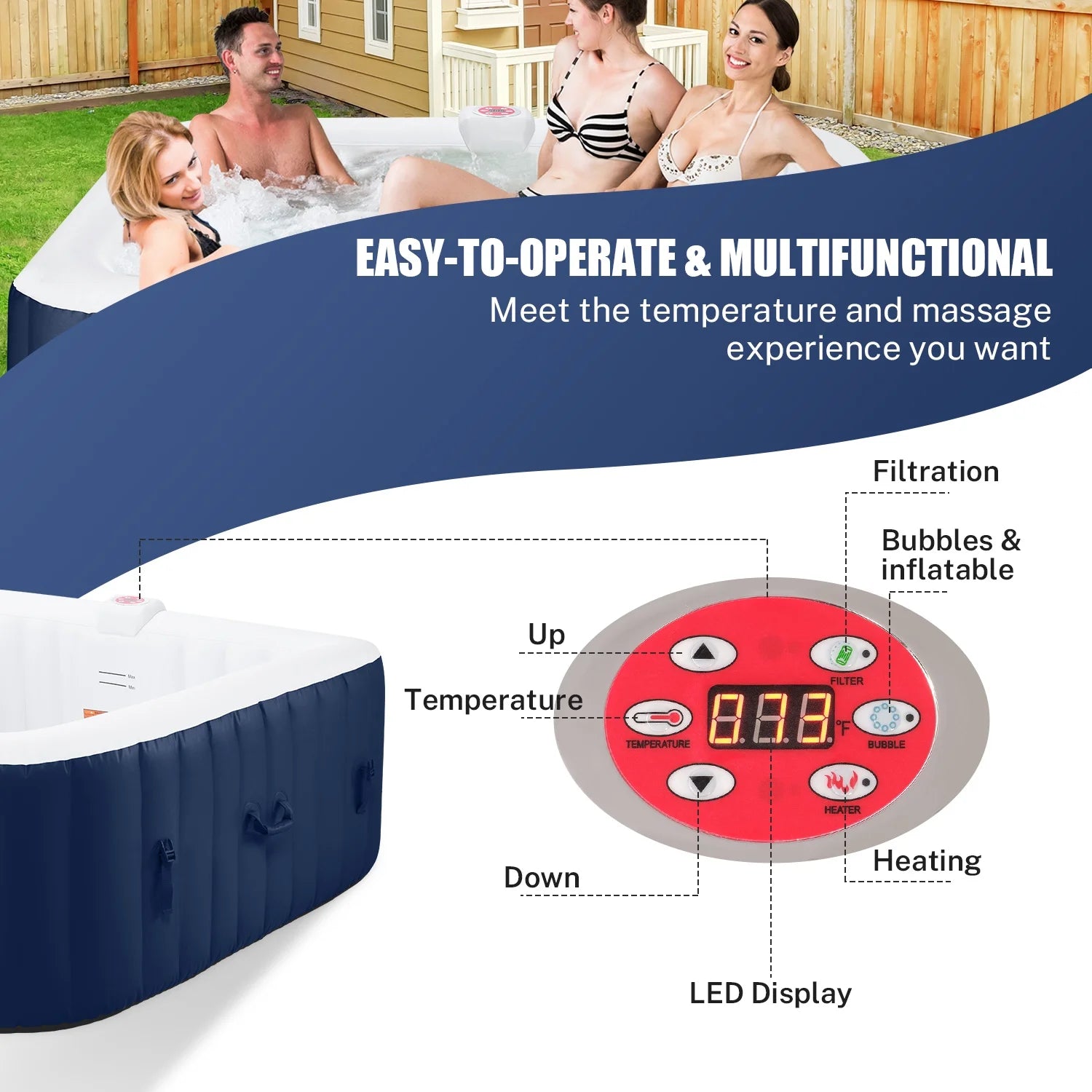 Hot Tub for 4-6 Person,  Outdoor Patio Large Inflatable Hot Tub Home SPA, with 130Pcs Massage Jets, 910L, 4 Filters, 2 Cup Holders, Lockable Cover, Storage Bag, Max 104℉, 73In, Navy